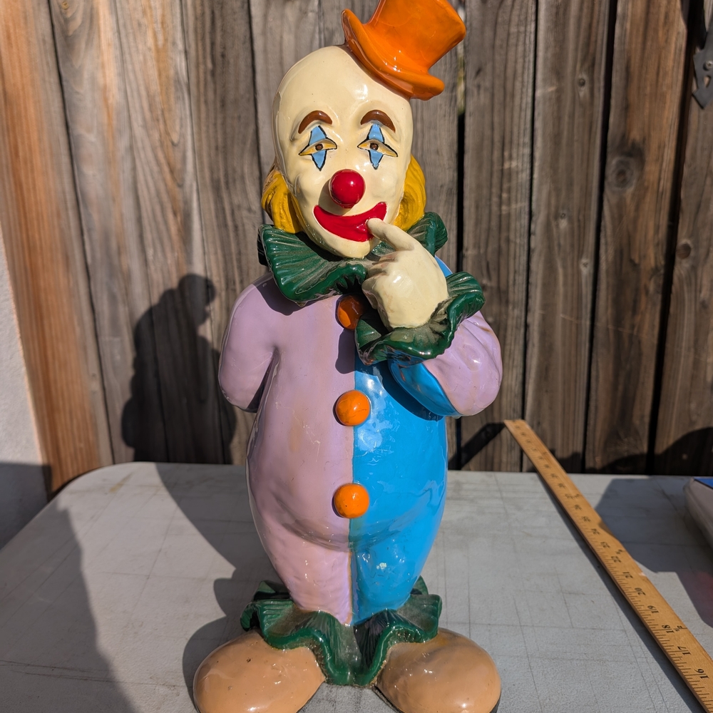 Colorful Vintage Clown Ceramic Figurine with Orange Hat